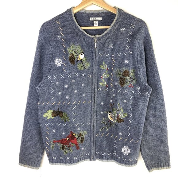 Croft and Barrow Sweater Jacket Womens Size L Blue Embroidered Cardinal Birds - Picture 1 of 7